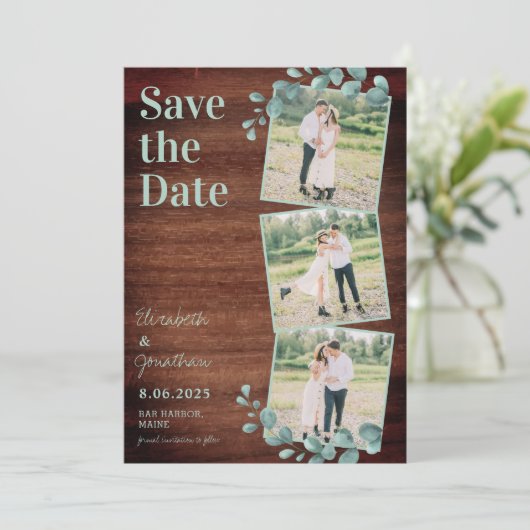 Rustic Wood Eucalyptus Greenery Foto Collage Save The Date (Staand voorkant)