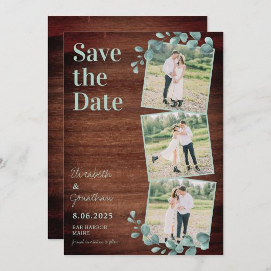 Rustic Wood Eucalyptus Greenery Foto Collage Save The Date (Voorkant / Achterkant)