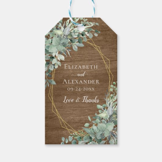 Rustic Wood Eucalyptus Greenery Geometric Wedding Cadeaulabel (Voorkant)