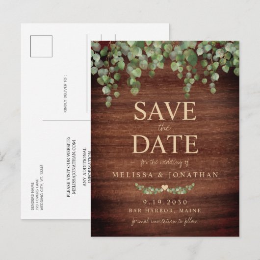 Rustic Wood Eucalyptus Greenery Save the Date Aankondigingskaart (Voorkant / Achterkant)