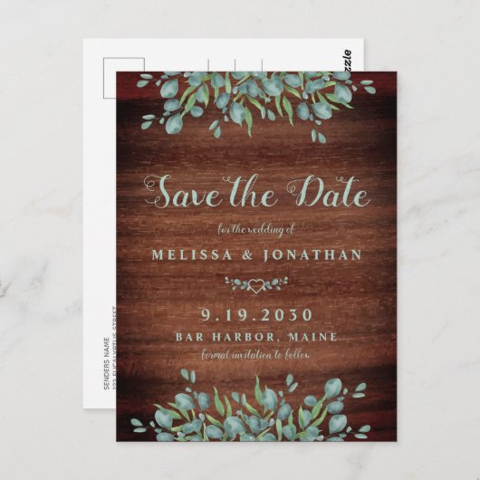Rustic Wood Eucalyptus Greenery Save the Date Briefkaart (Voorkant / Achterkant)