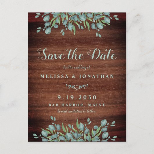 Rustic Wood Eucalyptus Greenery Save the Date Briefkaart (Voorkant)