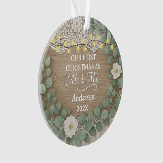 Rustic Wood & Eucalyptus Mr & Mrs Christmas Ornament (voorkant)