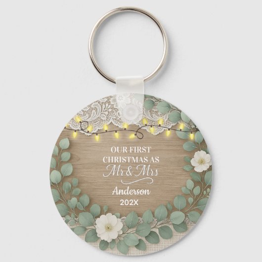 Rustic Wood & Eucalyptus Mr & Mrs Christmas Sleutelhanger (Voorkant)