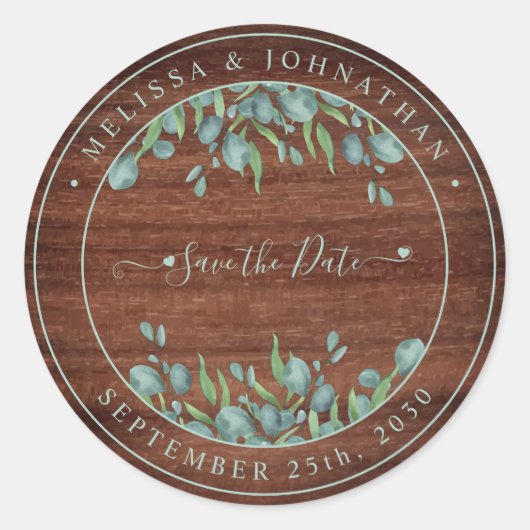 Rustic Wood Eucalyptus Wedding Save the Date Clas Ronde Sticker (Voorkant)
