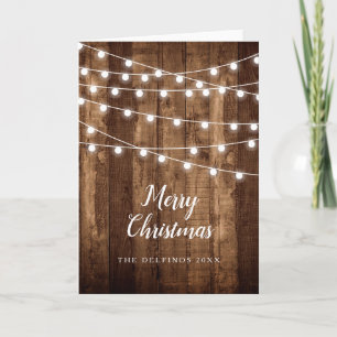 Rustic Wood Fairy Light Family Name Holiday Foto Kaart