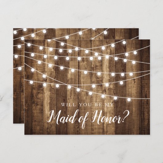 Rustic Wood & Fairy Lights Maid of Honor proposal Briefkaart (Voorkant / Achterkant)