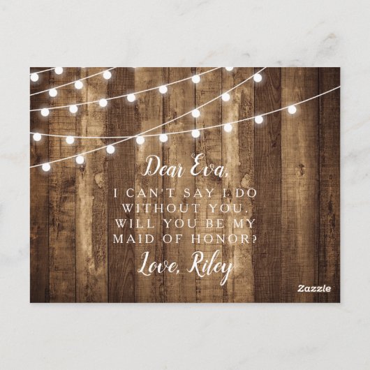 Rustic Wood & Fairy Lights Maid of Honor proposal Briefkaart (Achterkant)