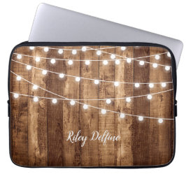 Rustic Wood & Fairy Lights Monogrammed Neopreen Laptop Sleeve