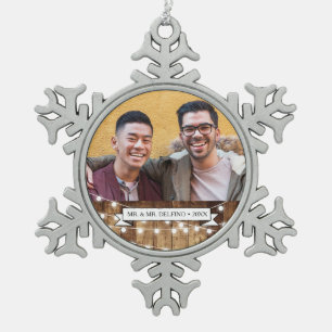 Rustic Wood Fairy Lights Pas getrouwd Gay Wedding Tin Sneeuwvlok Ornament