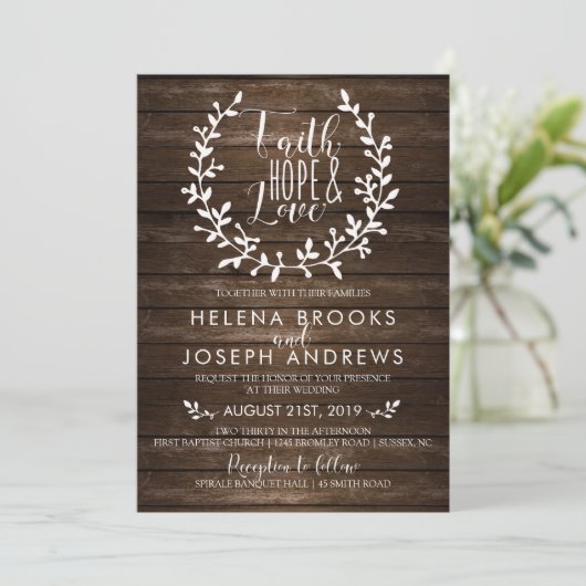 Rustic Wood Faith Wedding Invitation Kaart (Staand voorkant)