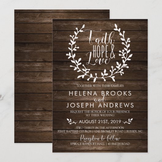 Rustic Wood Faith Wedding Invitation Kaart (Voorkant / Achterkant)