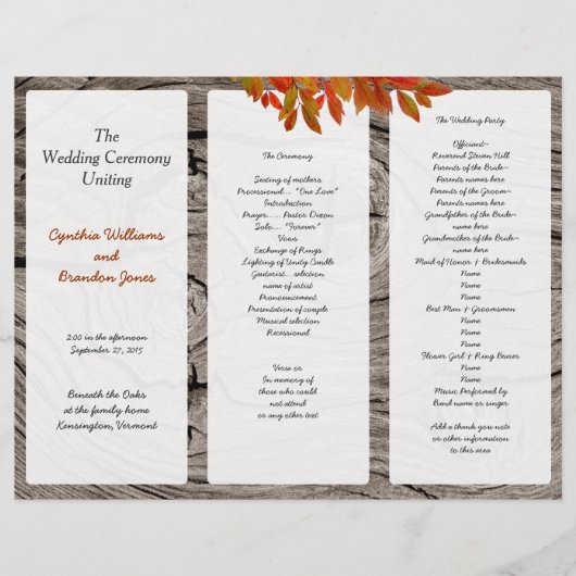 Rustic Wood Fall Wedding Tri-Fold Programme (Voorkant)