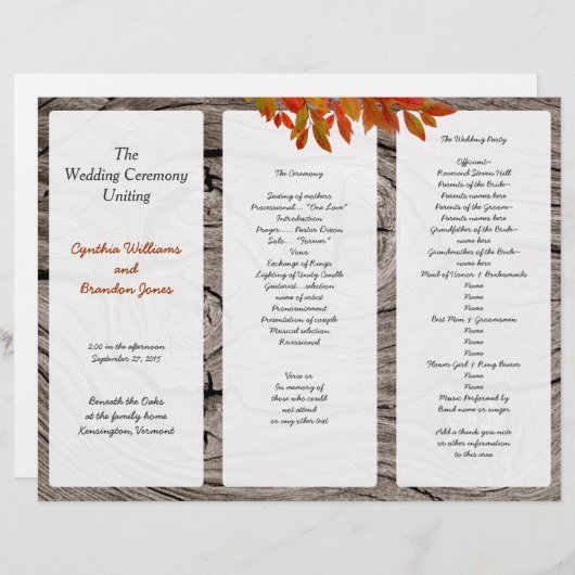Rustic Wood Fall Wedding Tri-Fold Programme (Voorkant / Achterkant)