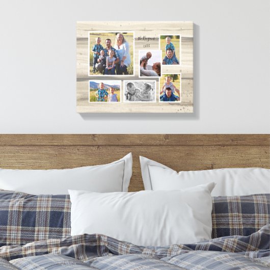 Rustic Wood Familie Foto Collage Script Name 6 Canvas Afdruk (Insitu (Slaapkamer))