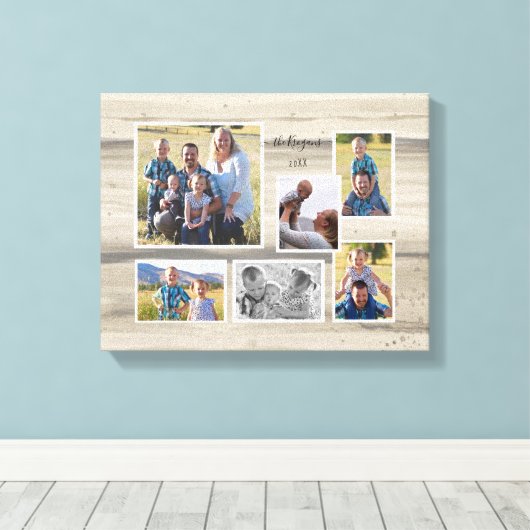 Rustic Wood Familie Foto Collage Script Name 6 Canvas Afdruk (Insitu (Houten vloer))