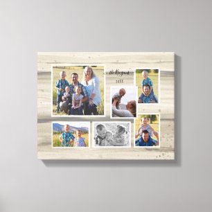 Rustic Wood Familie Foto Collage Script Name 6 Canvas Afdruk