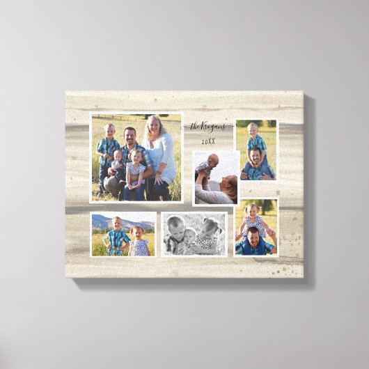 Rustic Wood Familie Foto Collage Script Name 6 Canvas Afdruk (Voorkant)