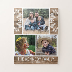 Rustic Wood Familie Naam Foto Collage Legpuzzel