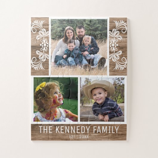 Rustic Wood Familie Naam Foto Collage Legpuzzel (Verticaal)