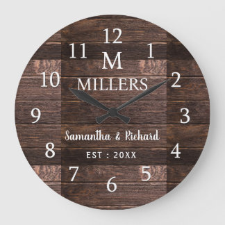 Rustic Wood Familie Naam Monogram Farmhouse Grote Klok