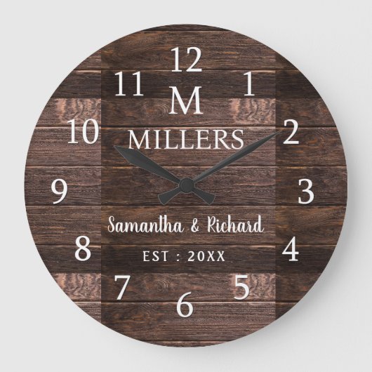 Rustic Wood Familie Naam Monogram Farmhouse Grote Klok (Voorkant)