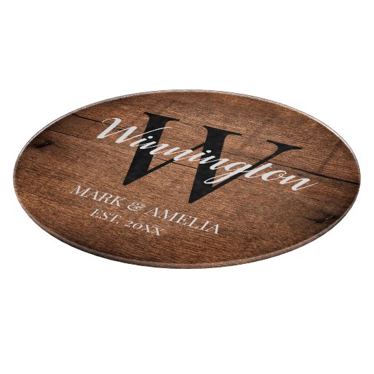 Rustic Wood Familie Naam Monogram Weddenschap Datu Snijplank (Hoek)