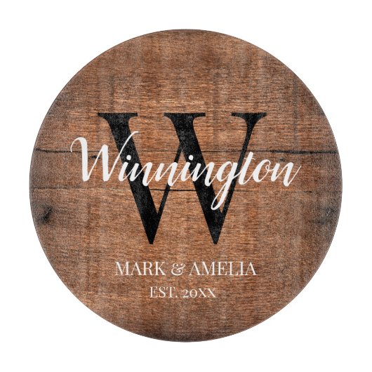 Rustic Wood Familie Naam Monogram Weddenschap Datu Snijplank (Voorkant)