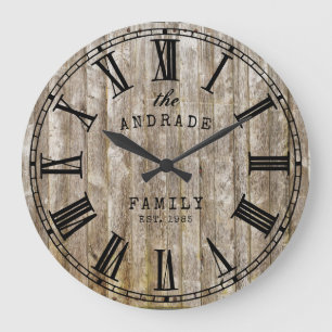 Rustic Wood Familie Naam Roman Numeral Farmhouse Grote Klok