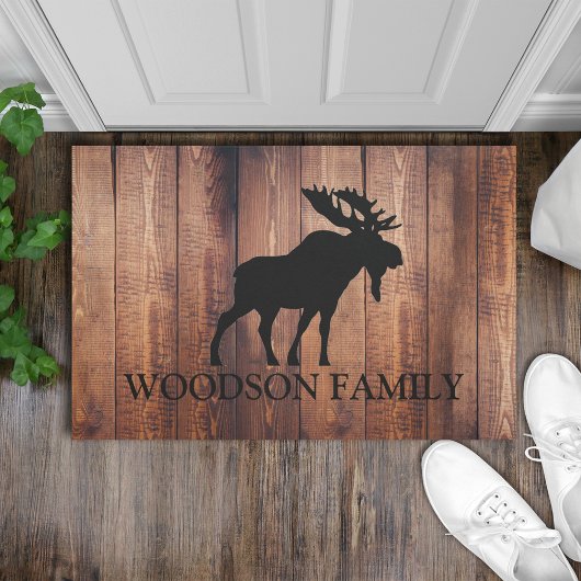 Rustic Wood Familienaam Moose Silhouette Deurmat