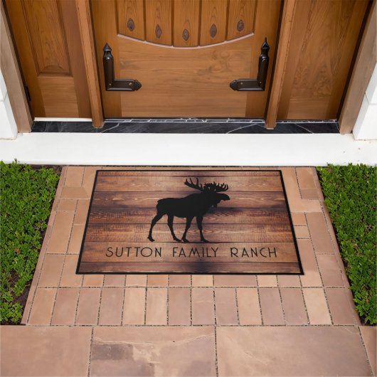 Rustic Wood Familienaam Moose Silhouette Deurmat (Buiten)
