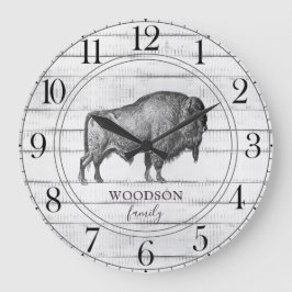 Rustic Wood Familienaam Walking Bison Buffalo Grote Klok