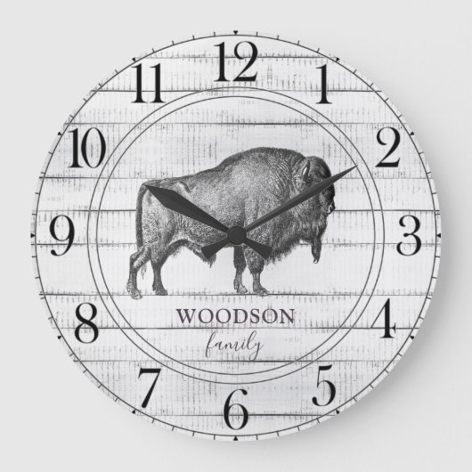 Rustic Wood Familienaam Walking Bison Buffalo Grote Klok (Voorkant)