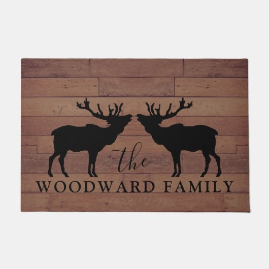 Rustic Wood Familienaam Walking Elk Deurmat (Voorkant)