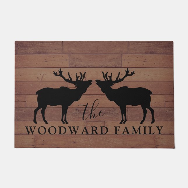 Rustic Wood Familienaam Walking Elk Deurmat (Voorkant)
