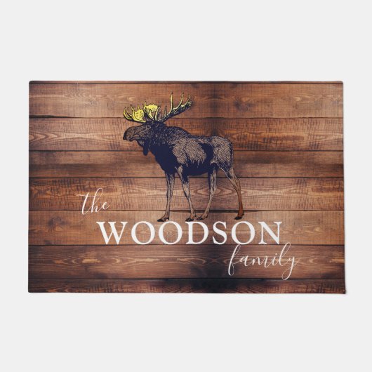 Rustic Wood Familienaam Walking Moose Deurmat (Voorkant)