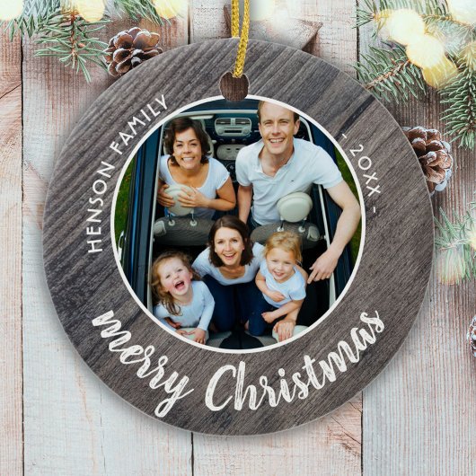 Rustic Wood Family Foto Merry Kerstmis Keramisch Ornament