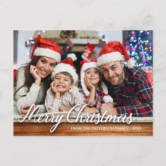 Rustic Wood Family Foto Merry Kerstmis Modern Briefkaart (Voorkant)