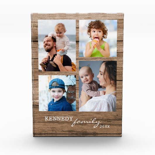 Rustic Wood Family Name 4 Photo Collage Block Fotoblokken (Voorkant)