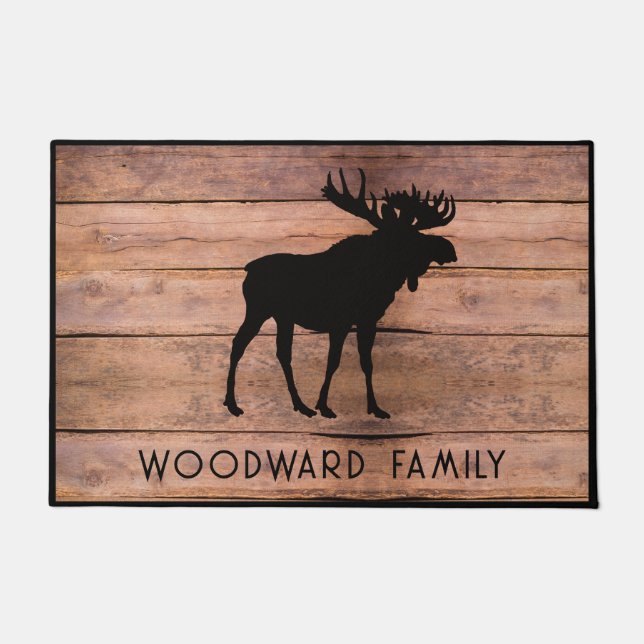 Rustic Wood Family Name Moose Silhouette Deurmat (Voorkant)
