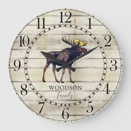 Rustic Wood Family Name Walking Moose Large Clock Grote Klok (Voorkant)
