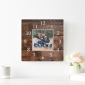 Rustic Wood Family Photo Clock Vierkante Klok (Huis)
