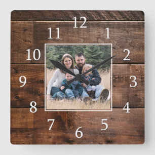 Rustic Wood Family Photo Clock Vierkante Klok