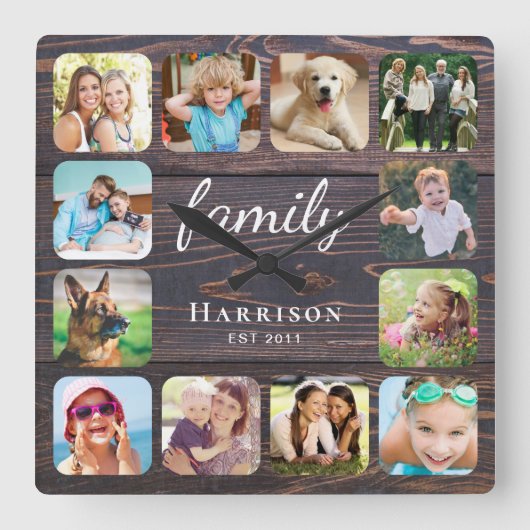 Rustic Wood Family Photo gepersonaliseerd Vierkante Klok (Voorkant)