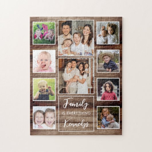 Rustic Wood Family Quote Name 10 Photo Collage Legpuzzel (Verticaal)
