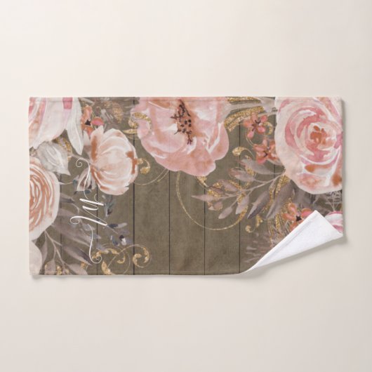 Rustic Wood Farmhouse Blush Pink Waterverf Floral Bad Handdoek (Handdoek)