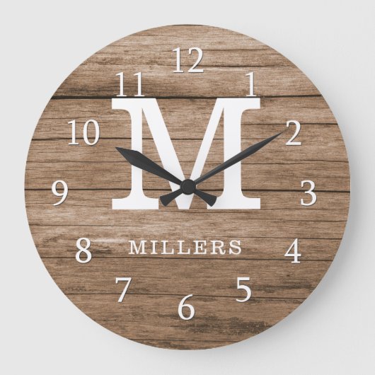 Rustic Wood Farmhouse Family Monogram Grote Klok (Voorkant)