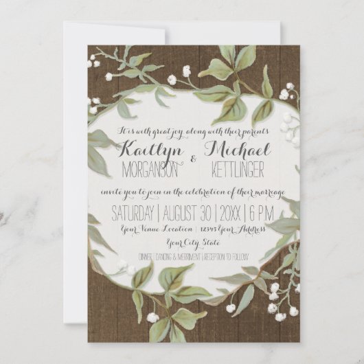 Rustic Wood Fence Laurel Leaf Wreath Wedding Kaart (Voorkant)