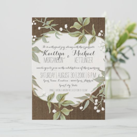Rustic Wood Fence Laurel Leaf Wreath Wedding Kaart (Staand voorkant)
