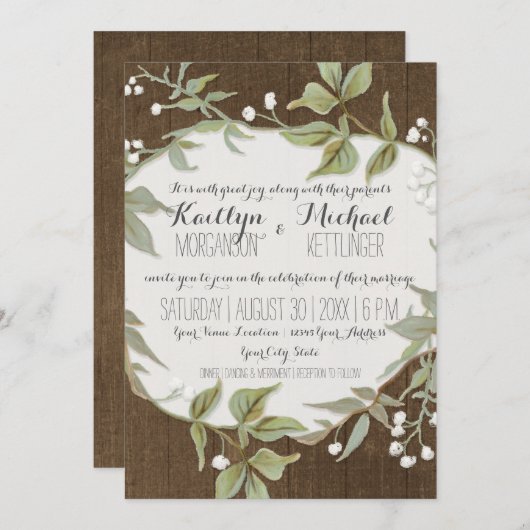 Rustic Wood Fence Laurel Leaf Wreath Wedding Kaart (Voorkant / Achterkant)